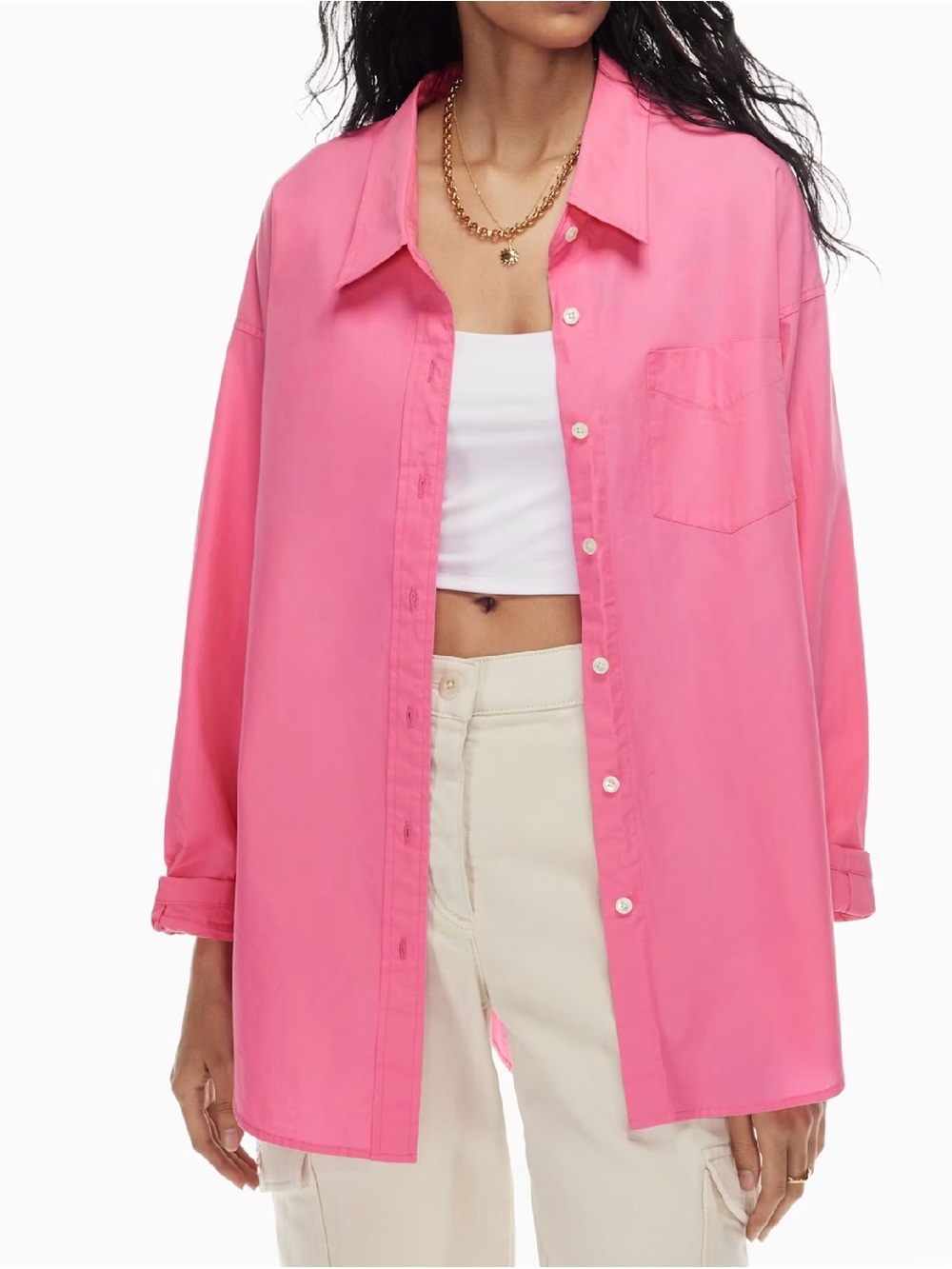 Aritzia Wilfred Relaxed Cotton Poplin Button-Down Shirt Bright Bubble Gum Pink S - Picture 1 of 7